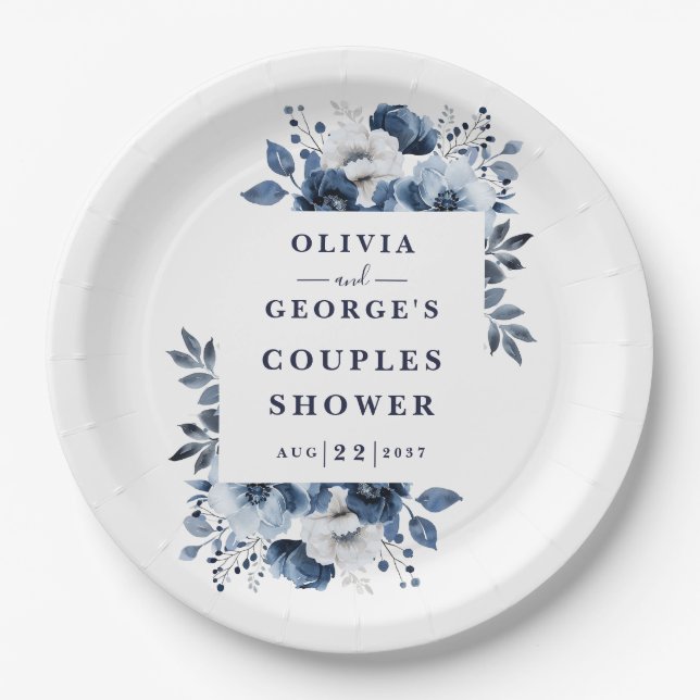 Navy Blue Elegant Country Floral Couples Shower Paper Plate (Front)