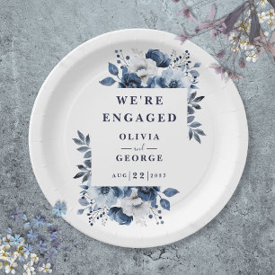 Navy Blue Elegant Country Floral Engagement Party Paper Plate