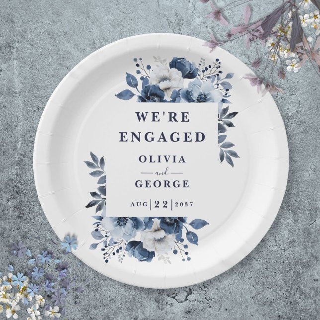 Navy Blue Elegant Country Floral Engagement Party Paper Plate (Navy Blue Elegant Country Floral Engagement Party Paper Plates)