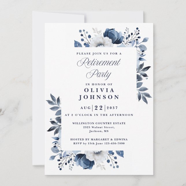 Navy Blue Elegant Country Floral Retirement Party Invitation (Front)
