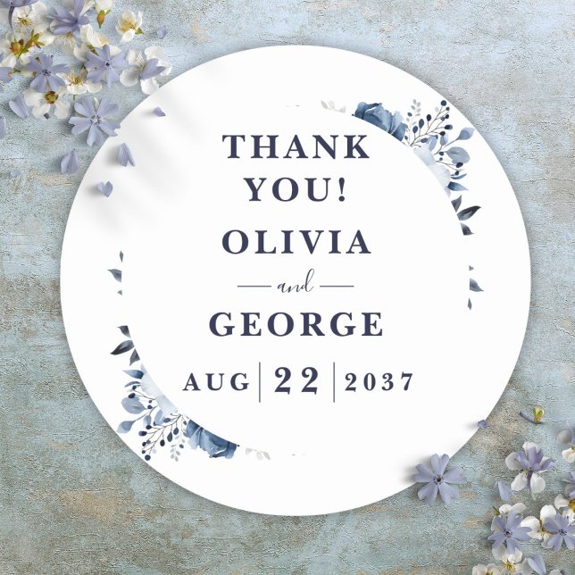 Navy Blue Elegant Country Floral Wedding Favour Classic Round Sticker (Navy Blue Elegant Country Floral Wedding Favor Classic Round Sticker)