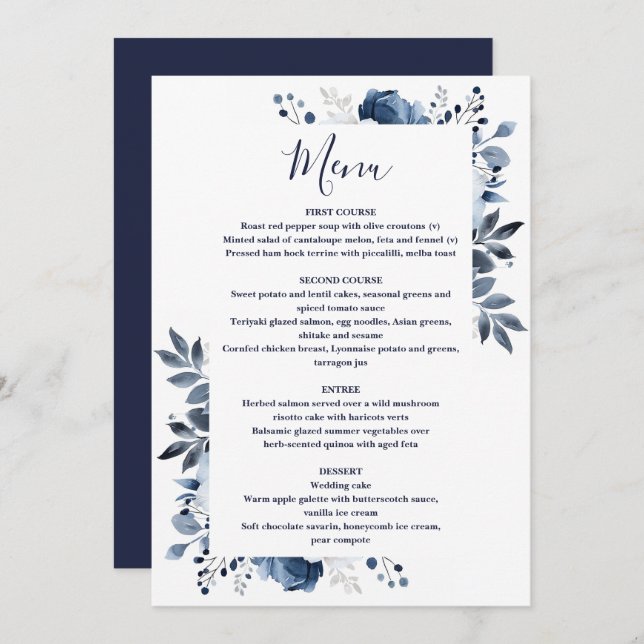 Navy Blue Elegant Country Floral Wedding Menu (Front/Back)