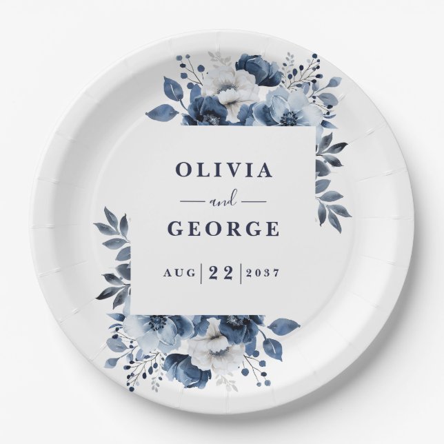 Navy Blue Elegant Country Floral Wedding Paper Plate (Front)