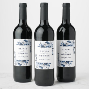Navy Blue Elegant Country Floral Wedding  Wine Label
