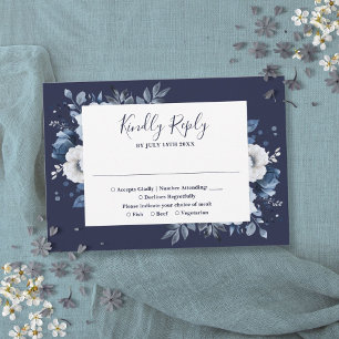 Navy Blue Elegant Country Garden Floral Wedding RSVP Card