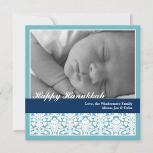Navy blue elegant damask happy Hanukkah holiday Card