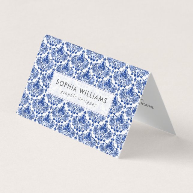Navy-blue elegant damasks pattern business card (Front)