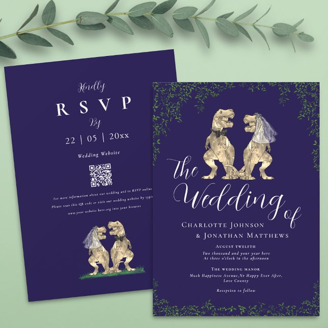 Navy Blue Elegant Dinosaur Wedding QR Code Invitation (Navy blue dinosaur wedding qr code invitation Elegant script boho eucalyptus foliage T-Rex )