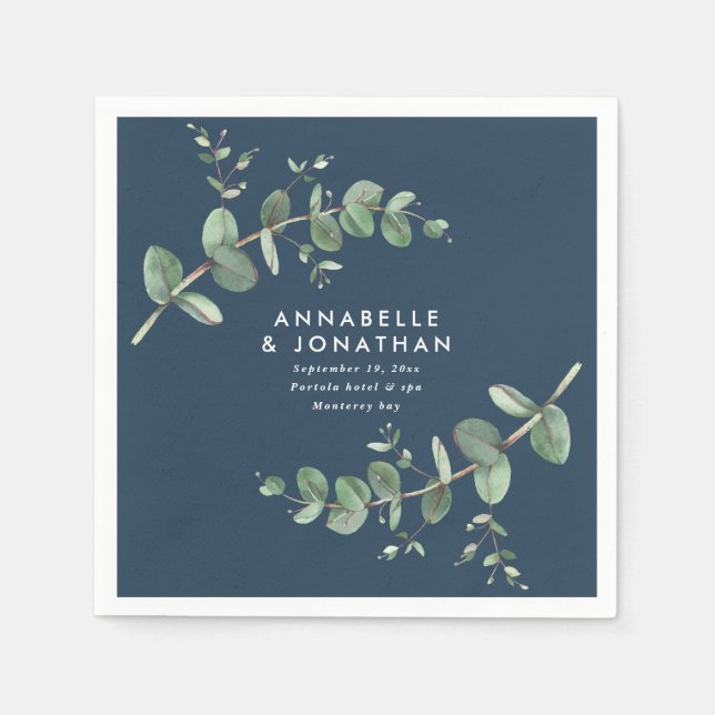 Navy blue elegant eucalyptus foliage wedding napkin (Front)