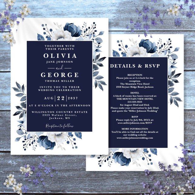 Navy Blue Elegant Floral All In One Wedding Invitation (Navy Blue Elegant Floral All In One Wedding Invitation)
