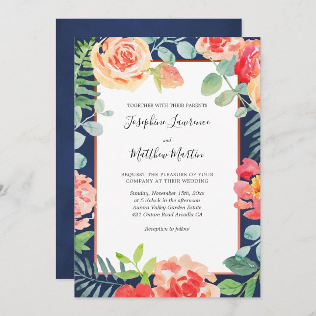 Navy Blue Elegant Floral Blooms Wedding Invitation (Front/Back)