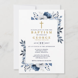 Navy Blue Elegant Floral Botanical Modern Baptism Invitation