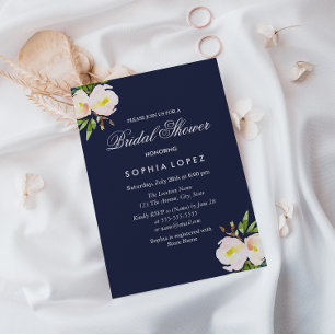 Navy Blue Elegant Floral Bridal Shower Invitation