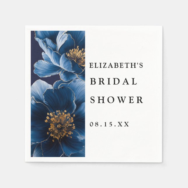 Navy Blue Elegant Floral Bridal Shower Napkins (Front)