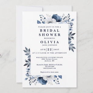 Navy Blue Elegant Floral Bridal Shower QR Code Invitation