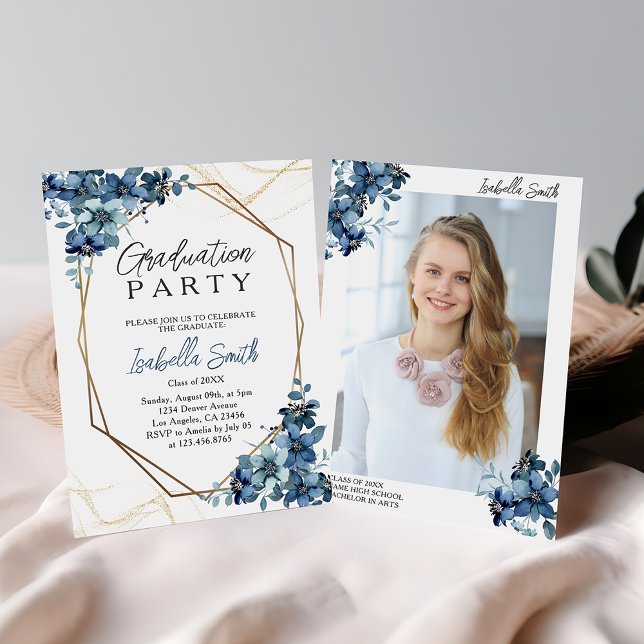 Navy Blue Elegant Floral Graduation Party Photo Invitation (Creator Uploaded)