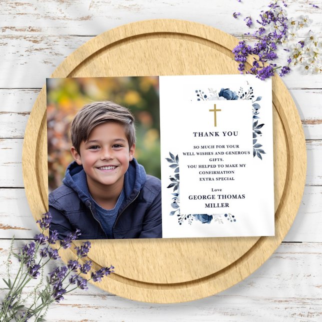 Navy Blue Elegant Floral Photo Confirmation Thank You Card (Navy Blue Elegant Floral Photo Confirmation Thank You Card)