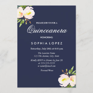 Navy Blue Elegant Floral Quinceanera Invitation