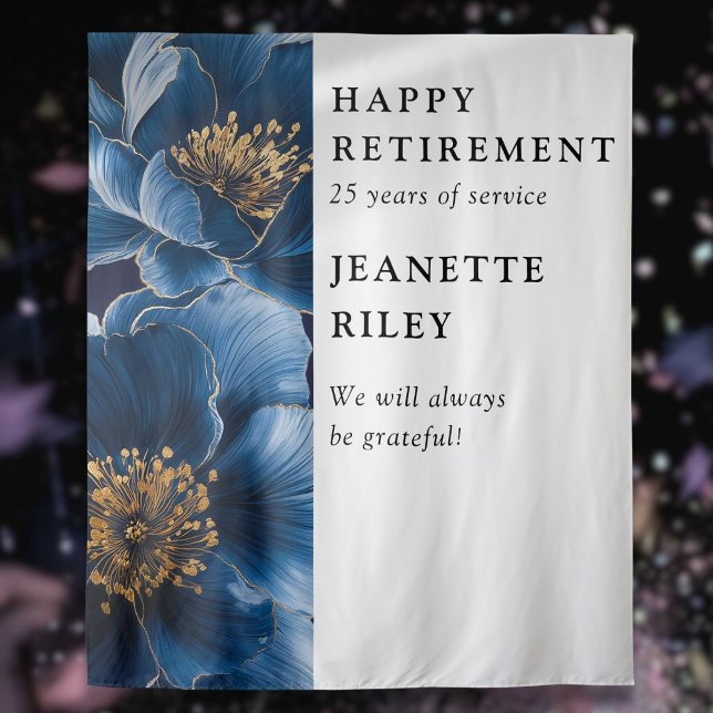 Navy Blue Elegant Floral Retirement Party Backdrop Tapestry (Navy Blue Elegant Floral Retirement Party Backdrop)