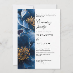 Navy Blue Elegant Floral Wedding Evening Party Invitation