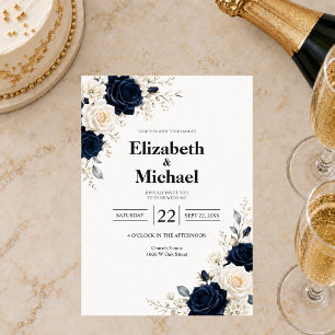 Navy Blue Elegant Floral Wedding Invitation
