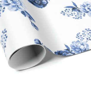 Navy Blue   Elegant Flowers Wrapping Paper