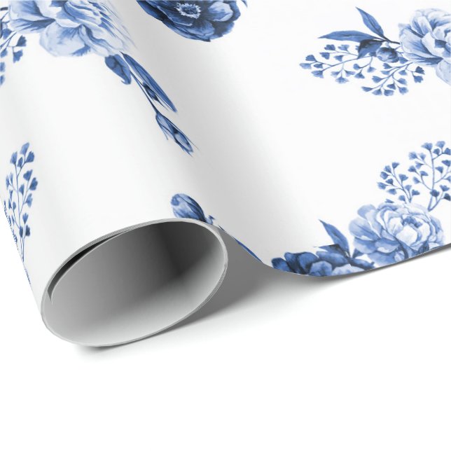 Navy Blue | Elegant Flowers Wrapping Paper (Roll Corner)