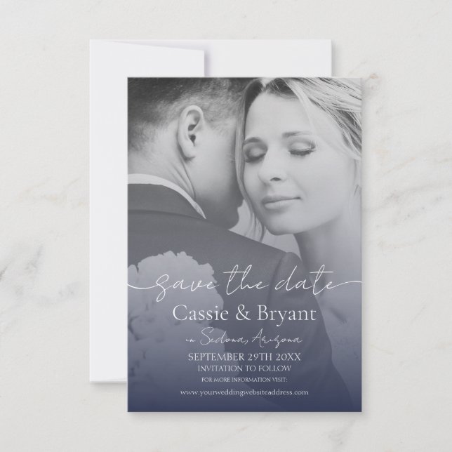 Navy Blue Elegant Full Photo Wedding Save the Date (Front)