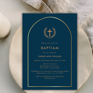 Navy Blue Elegant Gold Arch Wreath Cross Baptism Invitation