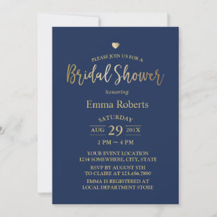Navy Blue Elegant Gold Heart Bridal Shower Invitation