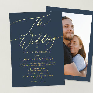 Navy Blue Elegant Gold Photo Overlay Wedding