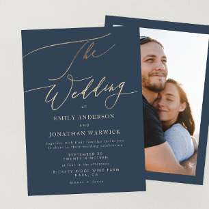 Navy Blue Elegant Gold The Wedding Photo Invitation