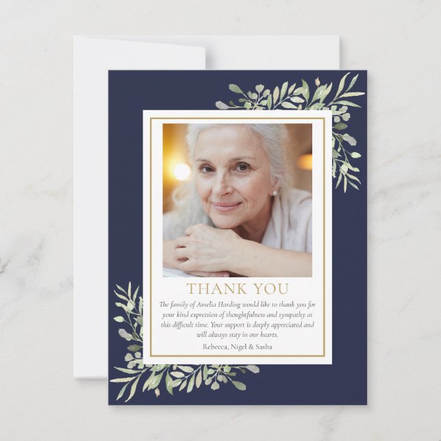 Navy Blue Elegant Greenery Gold Funeral Photo Thank You Card (Front)