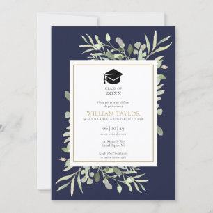 Navy Blue Elegant Greenery Photo Graduation Party  Invitation