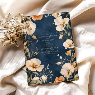 Navy Blue  Elegant Ivory Floral Wedding Invitation