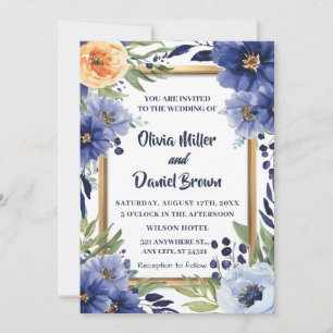 Navy Blue Elegant Ivory Floral Wedding Invitation