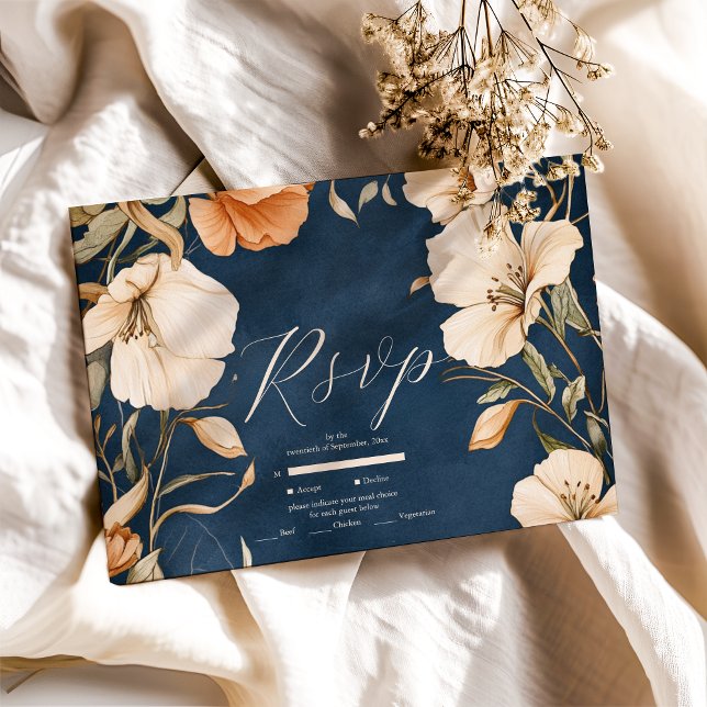 Navy Blue  Elegant Ivory Floral Wedding RSVP Card (Creator Uploaded)