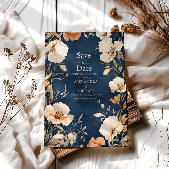 Navy Blue  Elegant Ivory Floral Wedding Save The Date (Creator Uploaded)