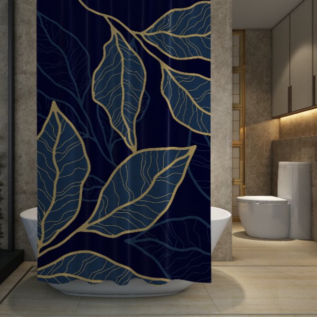 Navy Blue Elegant Luxurious Gold Leaf  Shower Curtain (Navy Blue Elegant Luxurious Gold Leaf Shower Curtain)