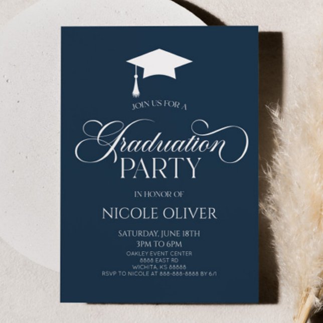 Navy Blue Elegant Minimal Minimalist Graduation Invitation (Creator Uploaded)