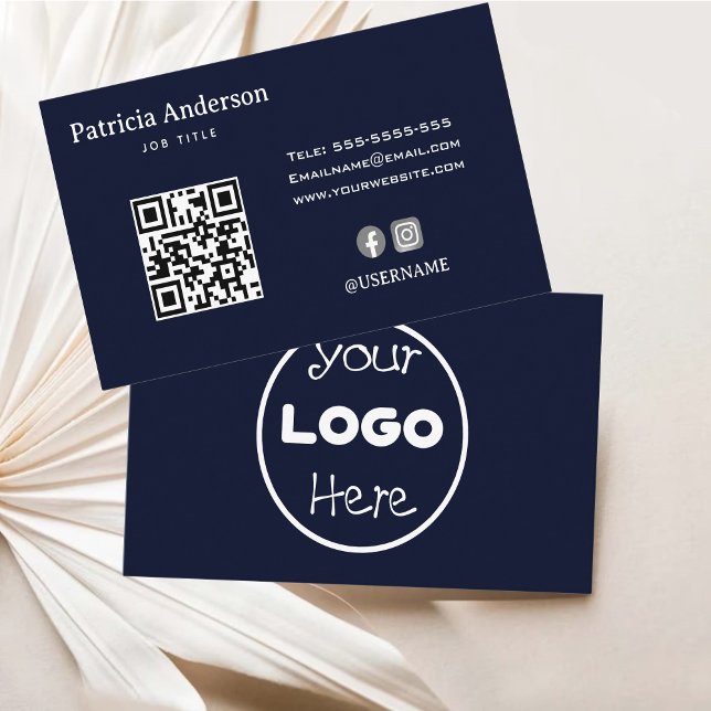 Navy Blue Elegant Minimalist Company Logo QR Code Business Card (Creator Uploaded)