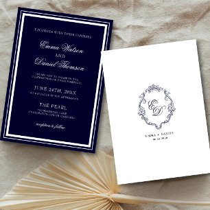 Navy Blue Elegant Minimalist Monogram Wedding Invitation