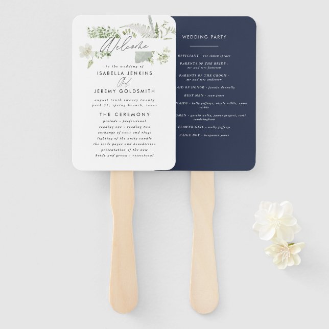 Navy blue elegant modern botanical script wedding hand fan (Front and Back)