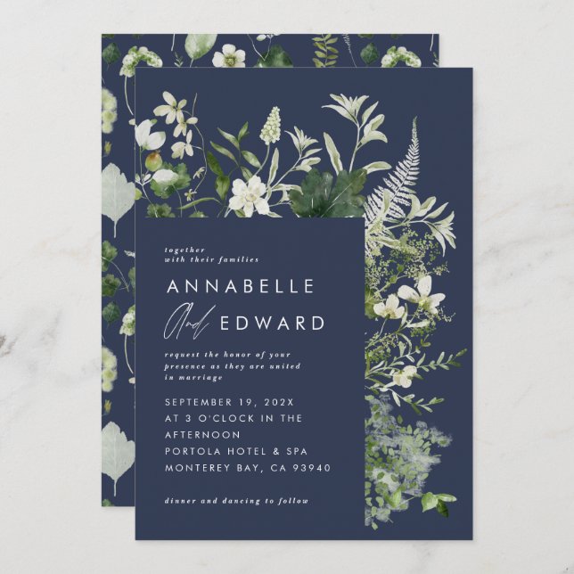 Navy blue elegant modern botanical script wedding invitation (Front/Back)