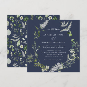 Navy blue elegant modern botanical script wedding  invitation