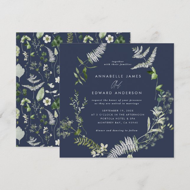 Navy blue elegant modern botanical script wedding  invitation (Front/Back)