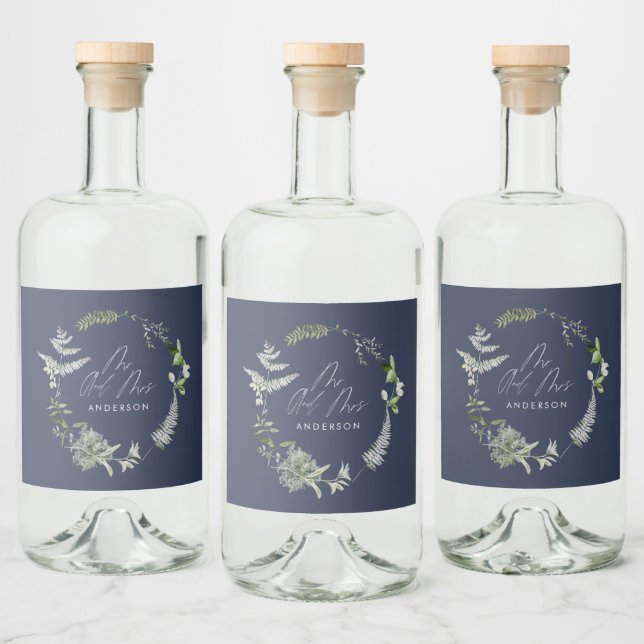 Navy blue elegant modern botanical script wedding liquor bottle label (Bottles)