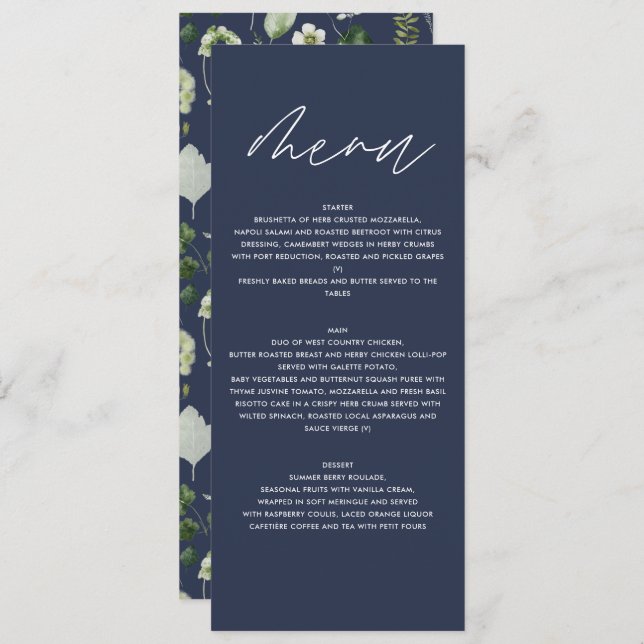 Navy blue elegant modern botanical script wedding menu (Front/Back)