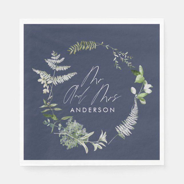 Navy blue elegant modern botanical script wedding napkin (Front)