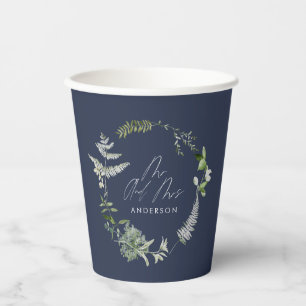Navy blue elegant modern botanical script wedding paper cups